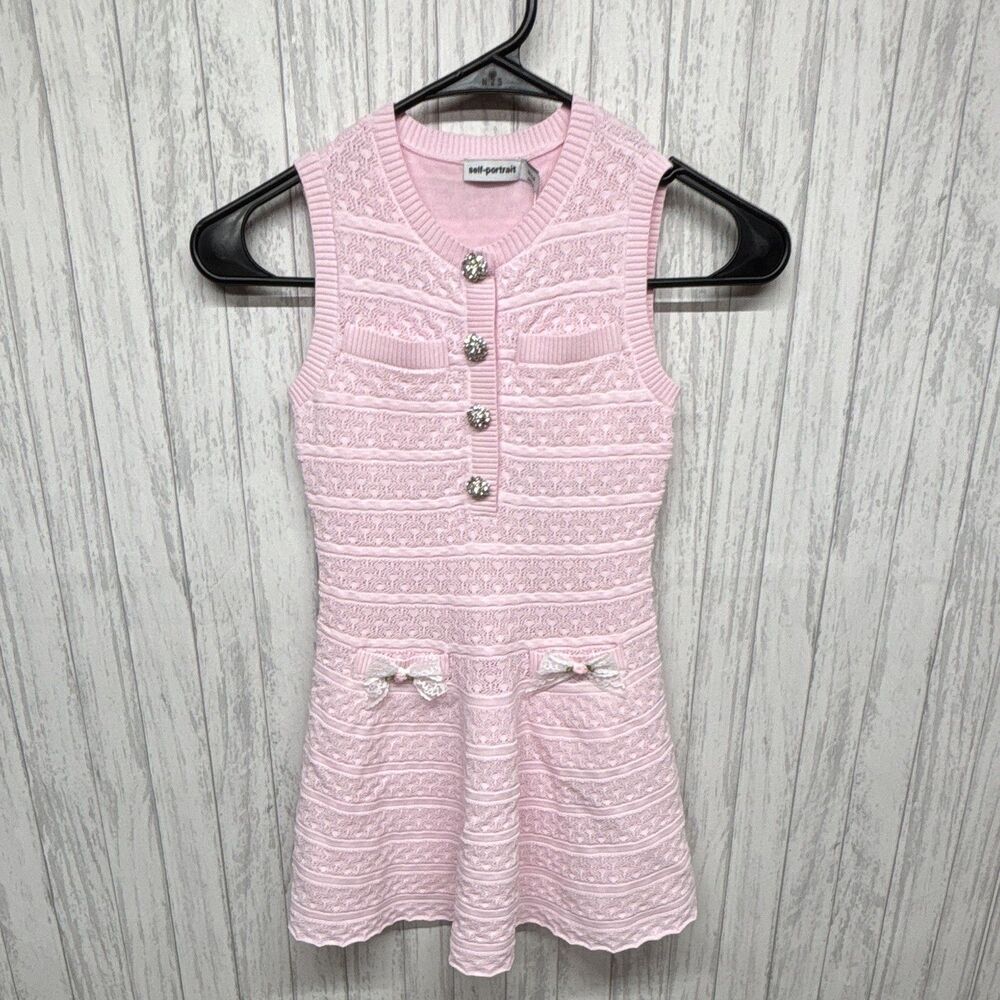 self-portrait Girls Pink Knit Lace Bow Fit & Flare Dress Sleeveless Size 5-6